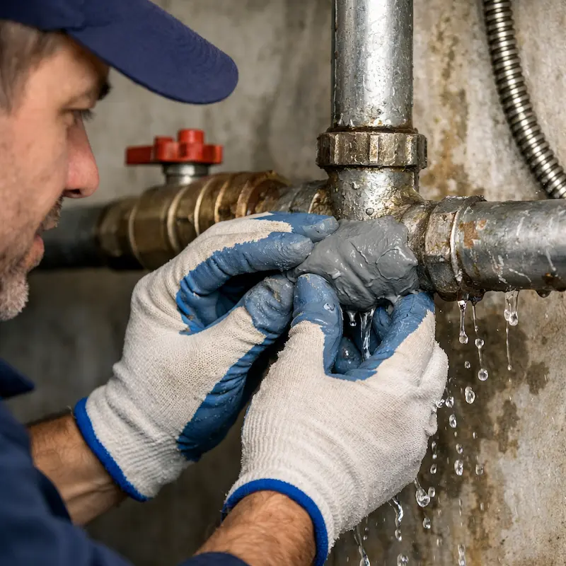 aplicando masilla sobre humedo prevenir fugas de agua