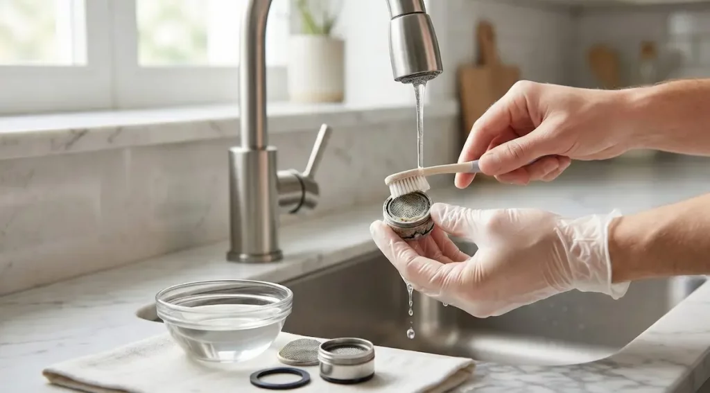 quitando cal de filtro con cepillo limpiar filtro del grifo